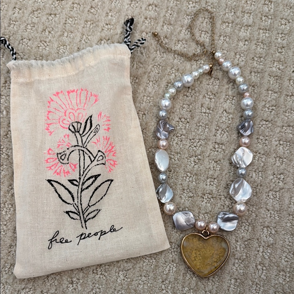 Free People Pearl and light yellow stone Heart Necklace